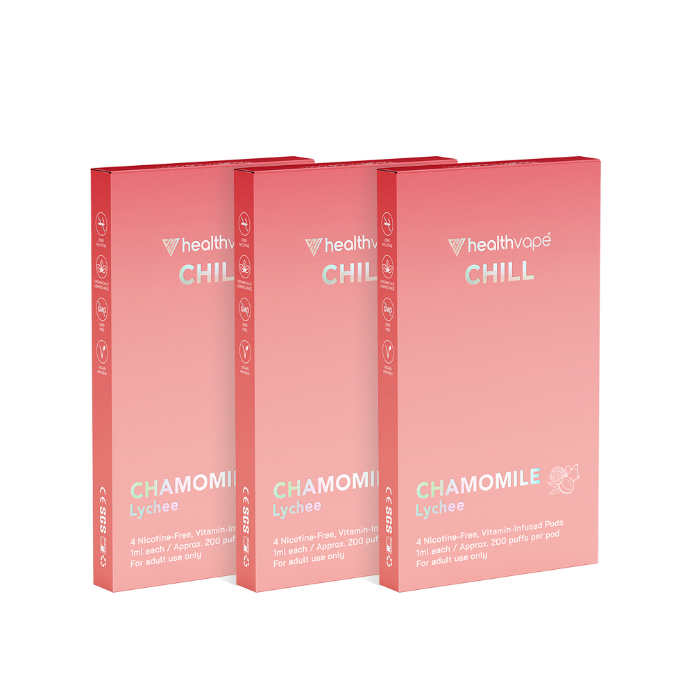 Three HealthVape Chill Chamomile Lychee boxes side by side