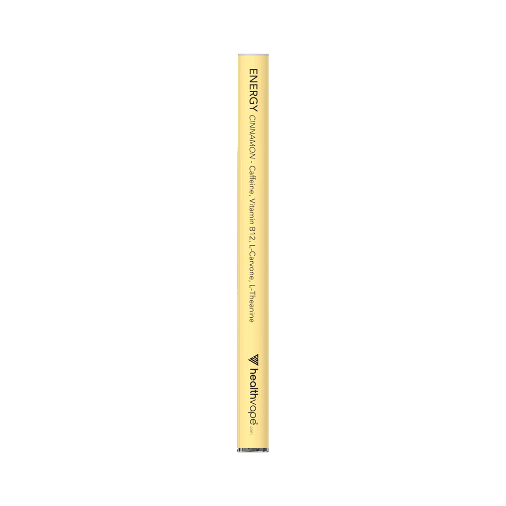 Animated HealthVape ENERGY Cinnamon disposable inhaler shown vertically.
