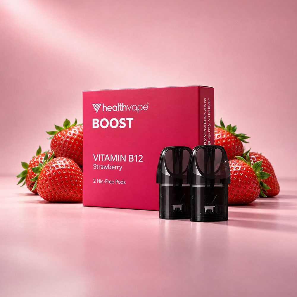 HealthVape BOOST Strawberry B12 pod box with two nicotine-free pods