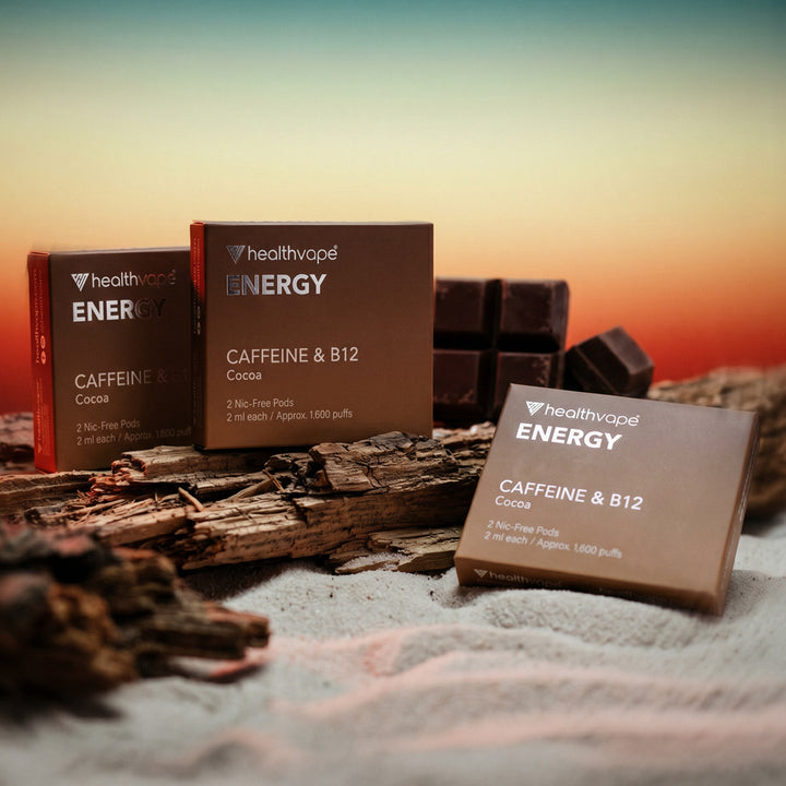 Three HealthVape ENERGY Cocoa pod boxes with chocolate garnish