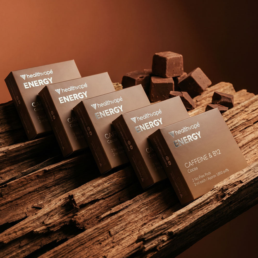 Five HealthVape ENERGY Cocoa Caffeine & B12 pod boxes in a row