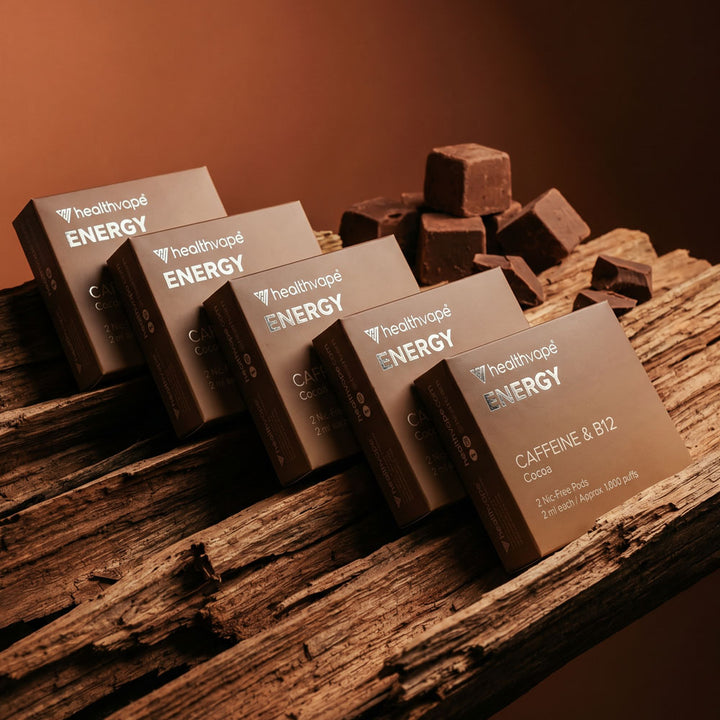 Five HealthVape ENERGY Cocoa Caffeine & B12 pod boxes in a row