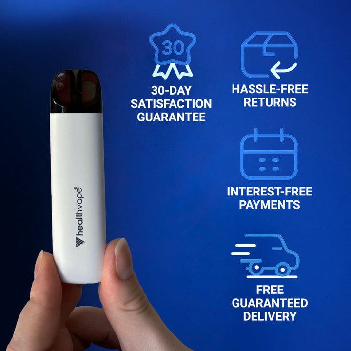Hand holding HealthVape rechargeable pod device with 30-day guarantee and free delivery badges