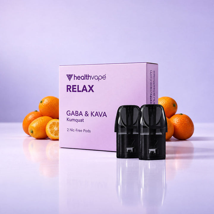 HealthVape RELAX Kumquat GABA &amp; Kava pod box with two nicotine-free pods
