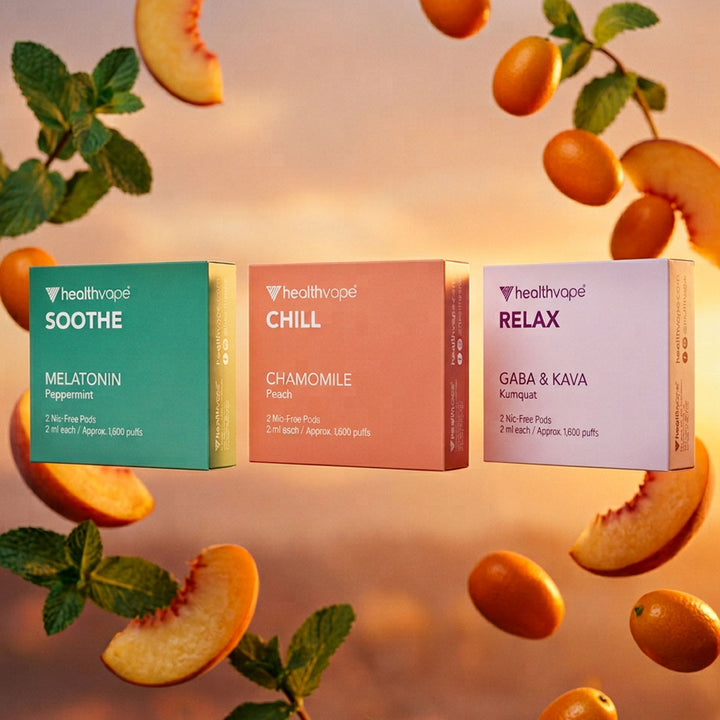 HealthVape RELAX pod bundle: CHILL, SOOTHE, and RELAX pod boxes together