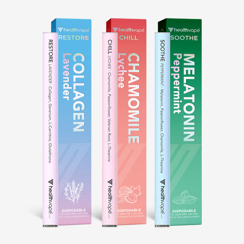 HealthVape Relax 3-pack disposable inhalers featuring RESTORE Collagen Lavender, CHILL Chamomile Lychee, and SOOTHE Melatonin Peppermint in colorful gradient packaging.