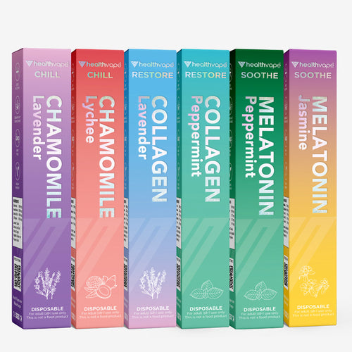 Six HealthVape disposable inhalers in colorful boxes featuring relaxation blends: Chamomile Lavender, Chamomile Lychee, Collagen Lavender, Collagen Peppermint, Melatonin Peppermint, and Melatonin Jasmine.