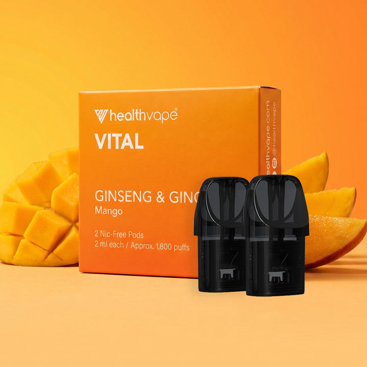 HealthVape VITAL Mango Vitamin C pod box with two nicotine-free pods and mango