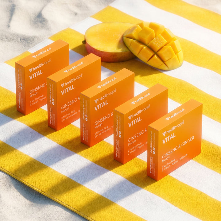 Five HealthVape VITAL Mango Vitamin C pod boxes in a row