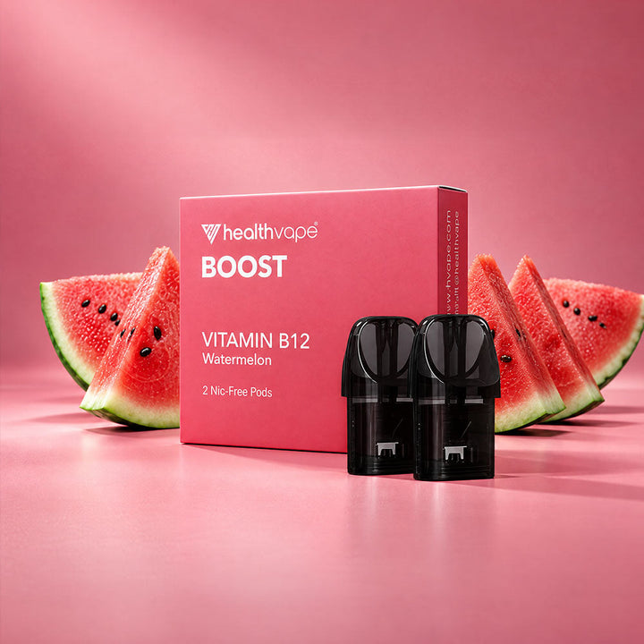 Three HealthVape BOOST B12 pod boxes with fruit: Strawberry, Watermelon, Berry Mint