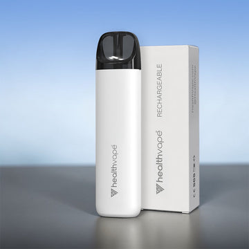 HealthVape white rechargeable pod device with box on blue gradient background