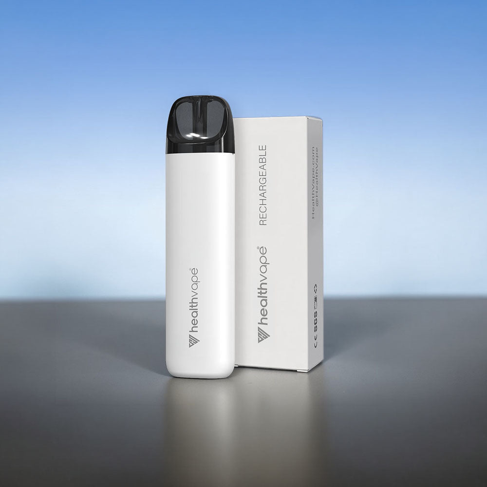 HealthVape white rechargeable pod device with box on blue gradient background