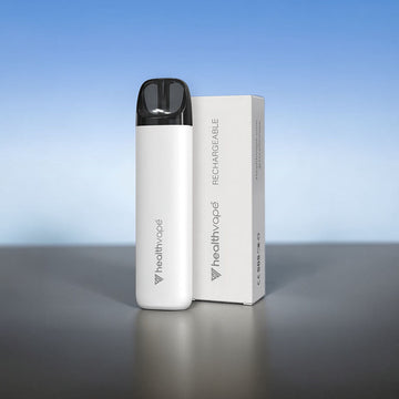 HealthVape white rechargeable pod device with box on blue gradient background