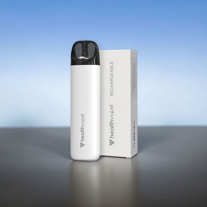 HealthVape white rechargeable pod device with box on blue gradient background