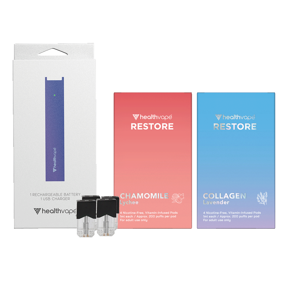 HealthVape Restore combo pack with Chamomile Lychee and Collagen Lavender disposable pods plus rechargeable battery