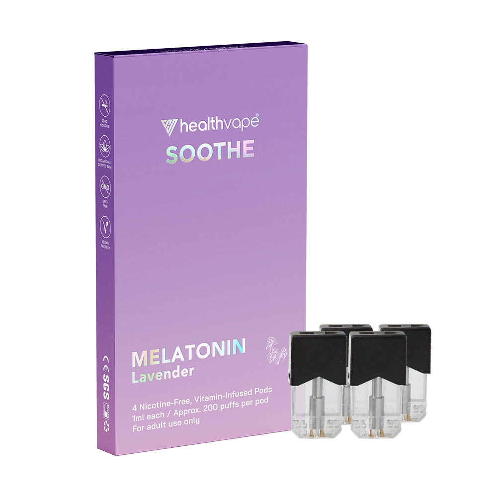 HealthVape Soothe Melatonin Lavender box with four disposable pods in front