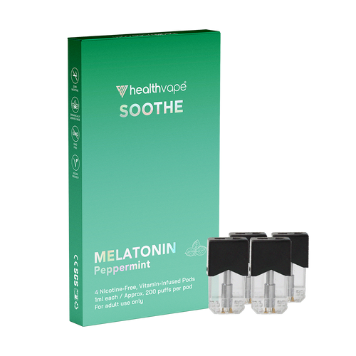 HealthVape SOOTHE Melatonin Peppermint Pod pack in green packaging, shown with four individual pods in front.
