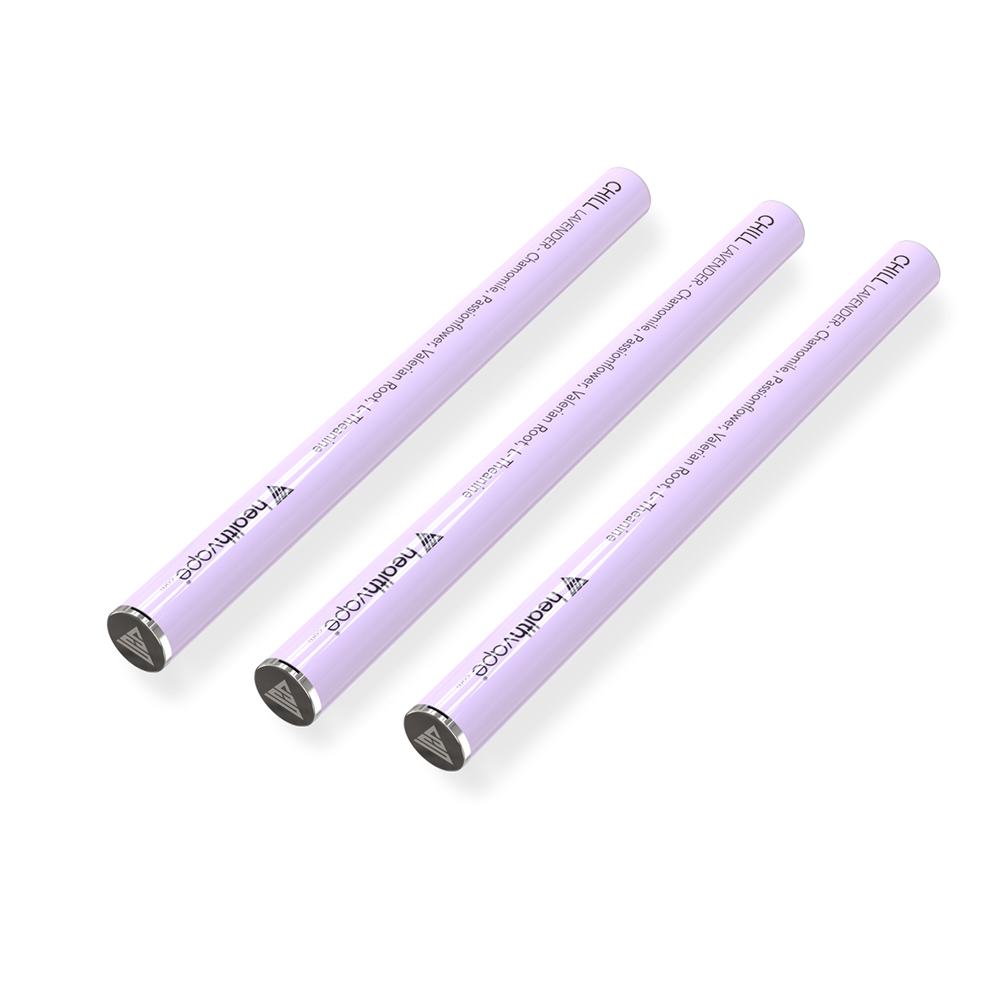Three HealthVape Chill Chamomile Lavender disposable vape pens aligned horizontally